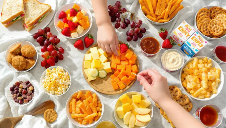 Simple picnic food ideas for kids including sandwiches, fruit, and finger foods on a checkered blanket