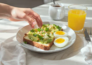 Quick healthy breakfast for energy boost with fruits, eggs, and whole grains on a bright kitchen table