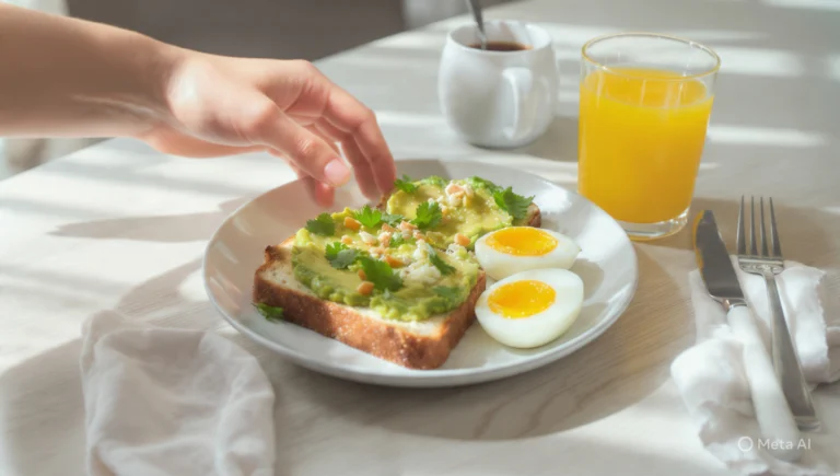 Quick healthy breakfast for energy boost with fruits, eggs, and whole grains on a bright kitchen table
