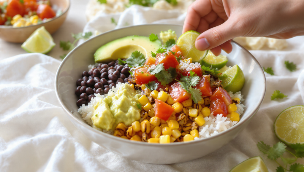 quick vegetarian summer family meal – black bean corn burrito bowl