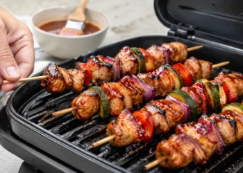 BBQ chicken kabobs on the grill with bell peppers and onions, glazed with smoky barbecue sauce on a white background