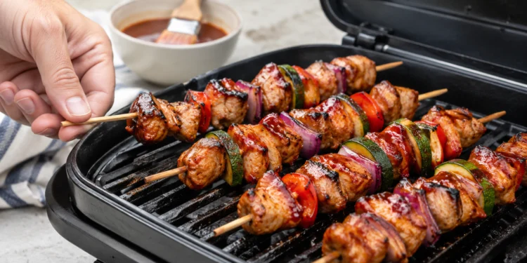 BBQ chicken kabobs on the grill with bell peppers and onions, glazed with smoky barbecue sauce on a white background