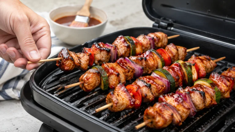 BBQ chicken kabobs on the grill with bell peppers and onions, glazed with smoky barbecue sauce on a white background