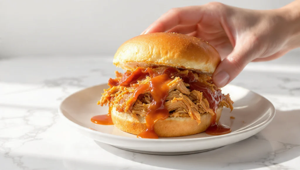 Slow cooker BBQ pulled chicken sandwich on a bun – easy crockpot recipe with tangy sauce