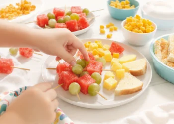 Quick beach snacks for kids with fruit, finger sandwiches, veggie sticks, and portable treats in colorful containers.