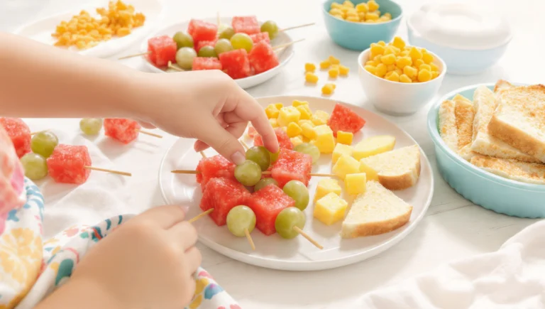 Quick beach snacks for kids with fruit, finger sandwiches, veggie sticks, and portable treats in colorful containers.