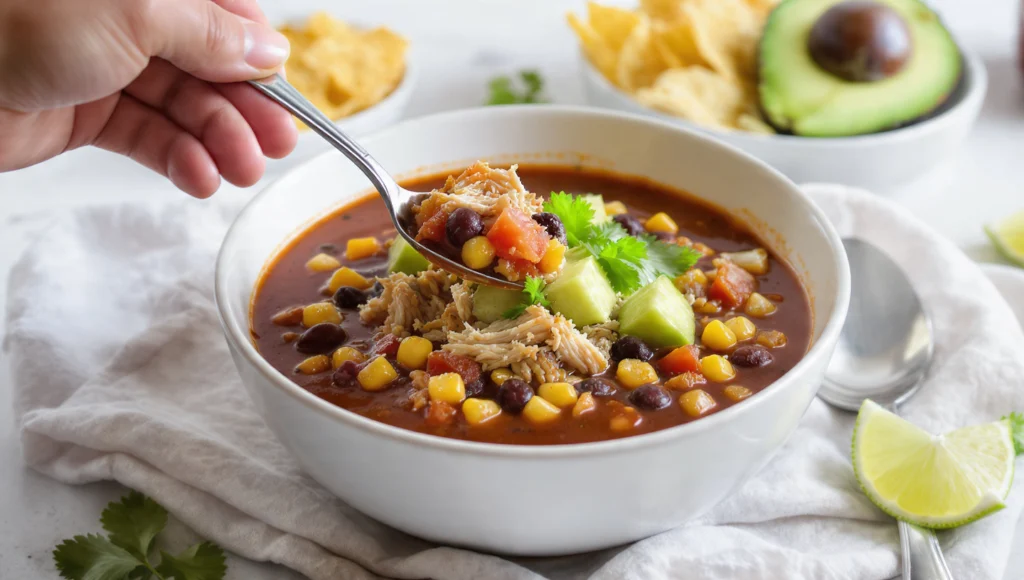 Black bean and corn chicken chili in a bowl – easy slow cooker recipe with tender chicken