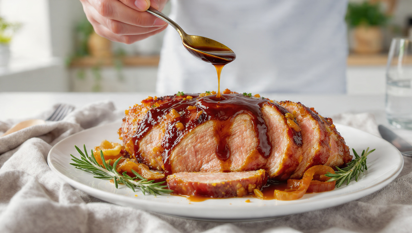 Brown sugar balsamic pork loin sliced on a platter – easy slow cooker glazed pork recipe