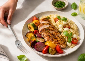 Bright overhead food photo of a cheap summer dinner under $15 with fresh herbs on a neutral linen surface.