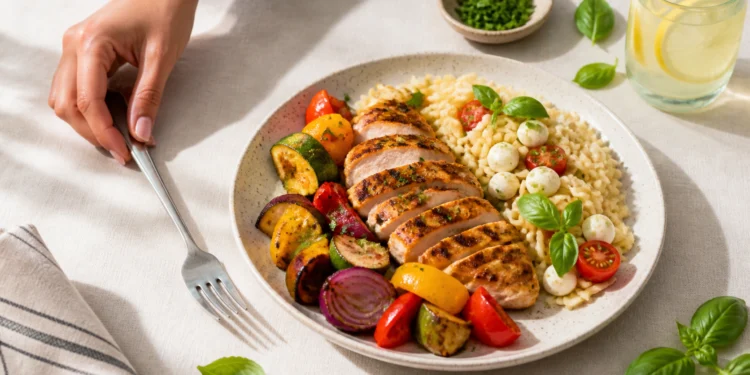 Bright overhead food photo of a cheap summer dinner under $15 with fresh herbs on a neutral linen surface.