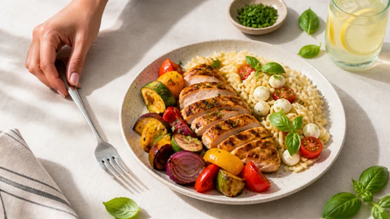 Bright overhead food photo of a cheap summer dinner under $15 with fresh herbs on a neutral linen surface.