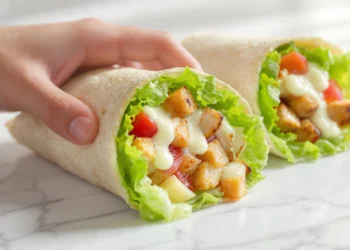 Chicken Caesar wrap recipe with grilled chicken, romaine lettuce, parmesan, and Caesar dressing in a flour tortilla
