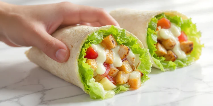 Chicken Caesar wrap recipe with grilled chicken, romaine lettuce, parmesan, and Caesar dressing in a flour tortilla