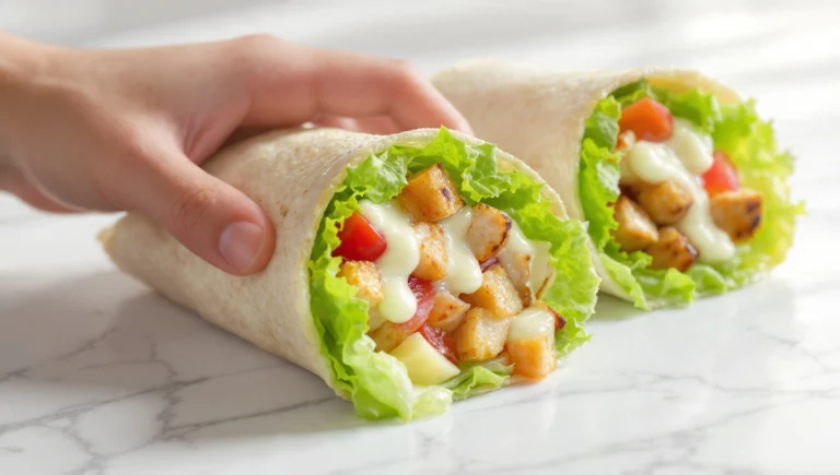 Chicken Caesar wrap recipe with grilled chicken, romaine lettuce, parmesan, and Caesar dressing in a flour tortilla
