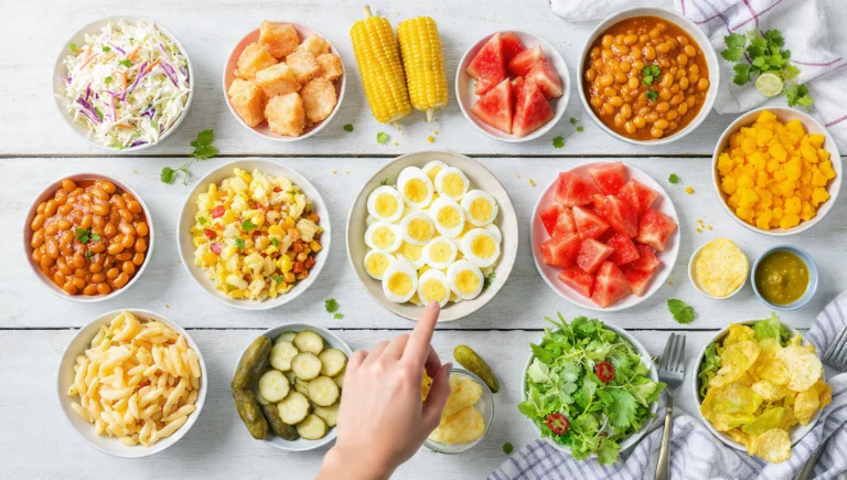 A spread of 15 colorful cookout side dishes including pasta salad, coleslaw, and grilled vegetables on a picnic table