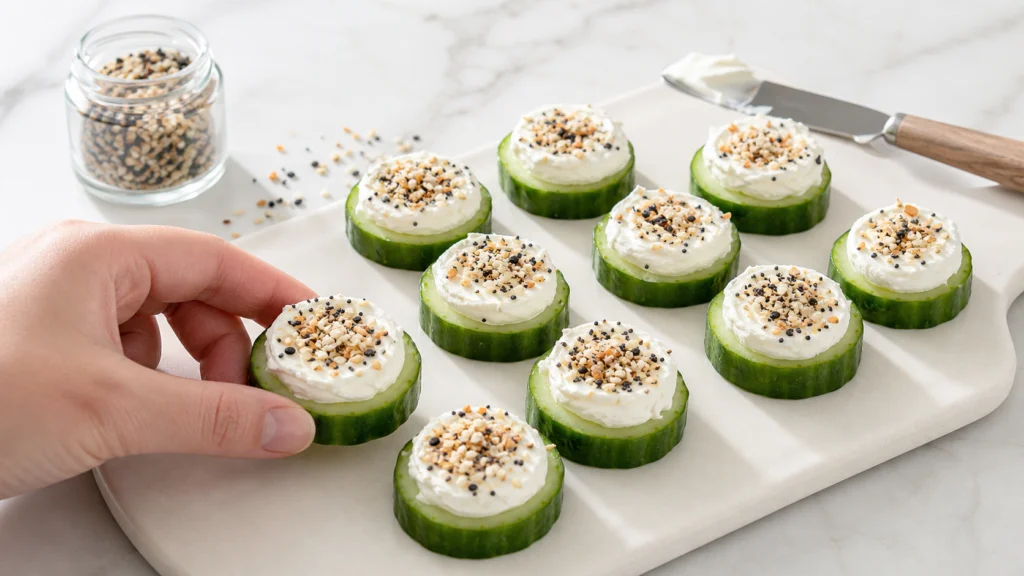 Cucumber cream cheese rounds with everything bagel spice — easy no-cook snack with sesame, poppy seeds, and garlic.