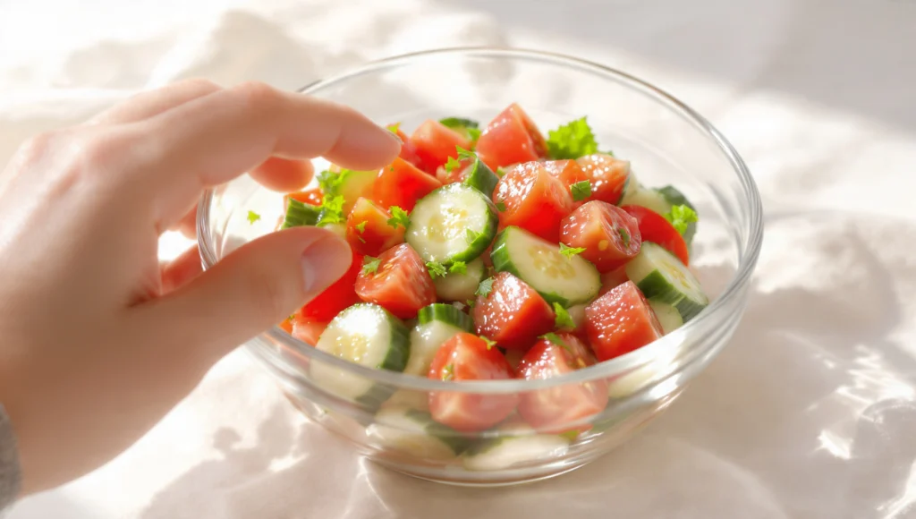  preparing a summer meal—cucumber and tomato salad in a glass container