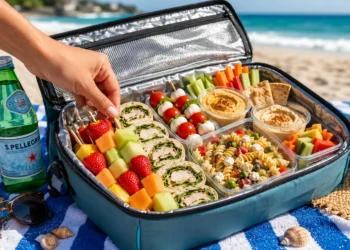 Easy beach food ideas with sandwiches, fresh fruit, and snacks, perfect for a summer picnic by the sea