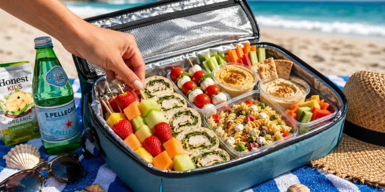 Easy beach food ideas with sandwiches, fresh fruit, and snacks, perfect for a summer picnic by the sea