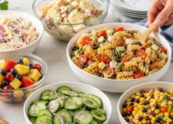Easy no cook cookout side dishes including coleslaw, pasta salad, and watermelon on a picnic table