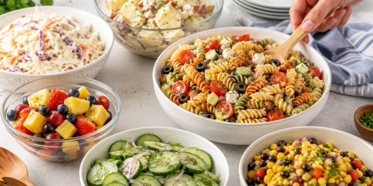 Easy no cook cookout side dishes including coleslaw, pasta salad, and watermelon on a picnic table