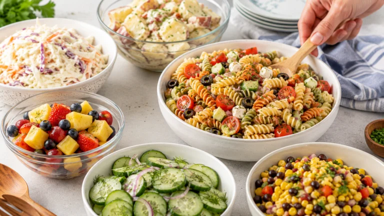 Easy no cook cookout side dishes including coleslaw, pasta salad, and watermelon on a picnic table