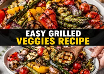 Easy grilled veggies recipe with zucchini, bell peppers, eggplant, and asparagus on a white marble surface.