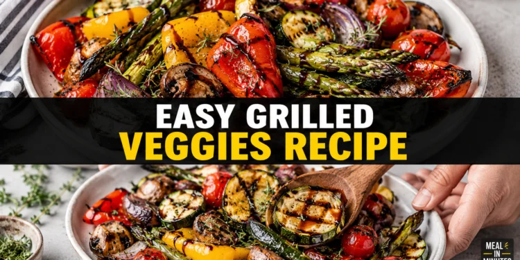 Easy grilled veggies recipe with zucchini, bell peppers, eggplant, and asparagus on a white marble surface.