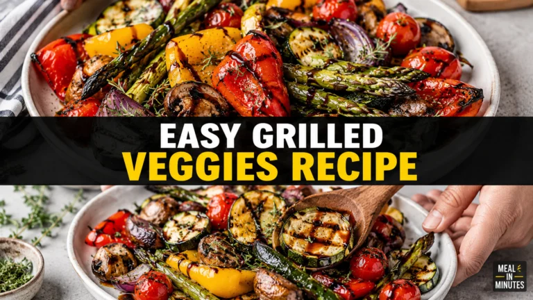 Easy grilled veggies recipe with zucchini, bell peppers, eggplant, and asparagus on a white marble surface.