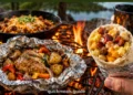 Easy pre-made camping meals in foil packets and mason jars prepped and ready for a campfire cookout outdoors.