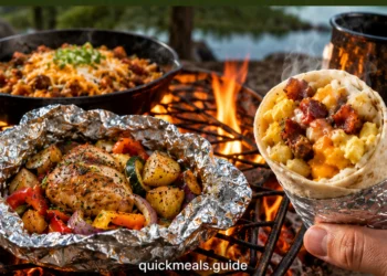 Easy pre-made camping meals in foil packets and mason jars prepped and ready for a campfire cookout outdoors.