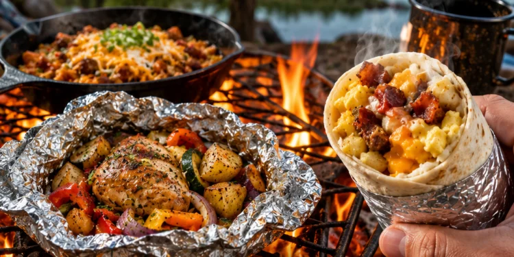 Easy pre-made camping meals in foil packets and mason jars prepped and ready for a campfire cookout outdoors.