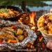 Easy pre-made camping meals in foil packets and mason jars prepped and ready for a campfire cookout outdoors.