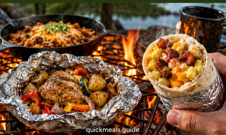 Easy pre-made camping meals in foil packets and mason jars prepped and ready for a campfire cookout outdoors.