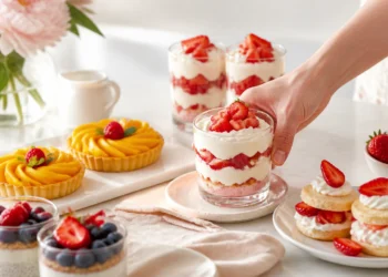 Easy summer fruit desserts with fresh berries, mango tart, and strawberry shortcake on neutral background in natural light.