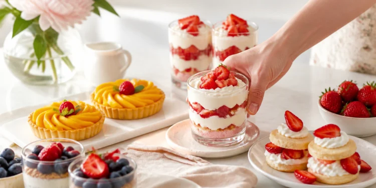 Easy summer fruit desserts with fresh berries, mango tart, and strawberry shortcake on neutral background in natural light.