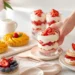 Easy summer fruit desserts with fresh berries, mango tart, and strawberry shortcake on neutral background in natural light.
