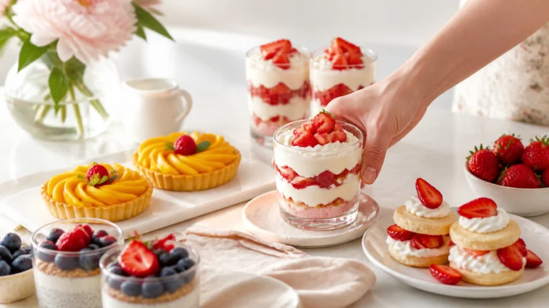 Easy summer fruit desserts with fresh berries, mango tart, and strawberry shortcake on neutral background in natural light.