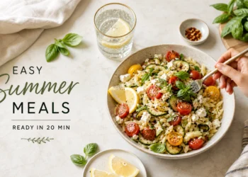 Easy summer meal in a bowl with fresh vegetables, herbs, and lemon, ready in 20 minutes — quick healthy recipe idea.