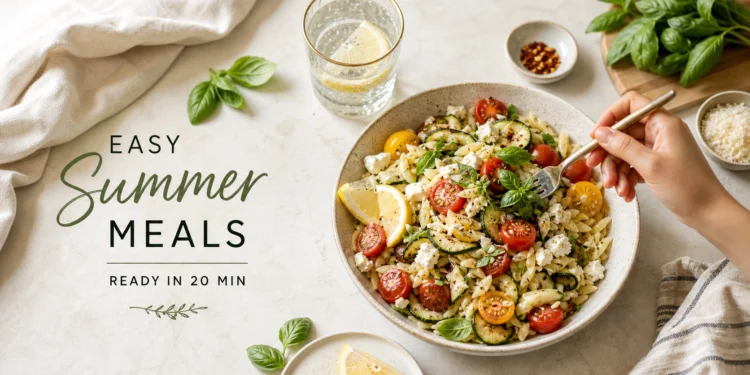 Easy summer meal in a bowl with fresh vegetables, herbs, and lemon, ready in 20 minutes — quick healthy recipe idea.