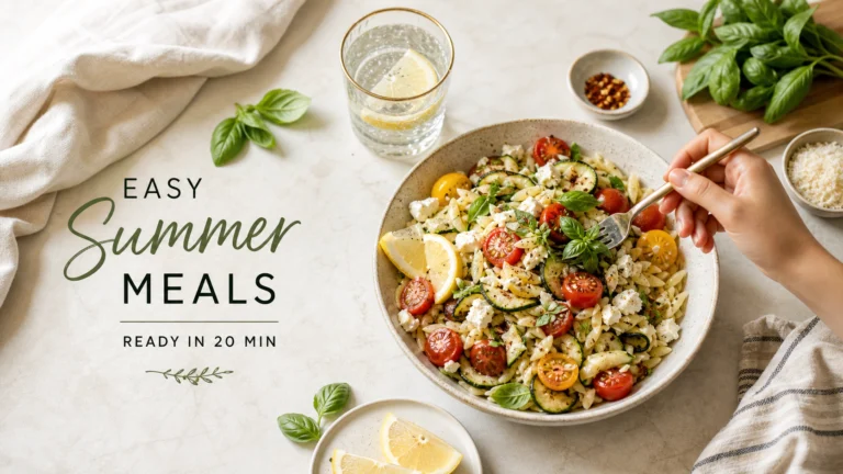 Easy summer meal in a bowl with fresh vegetables, herbs, and lemon, ready in 20 minutes — quick healthy recipe idea.