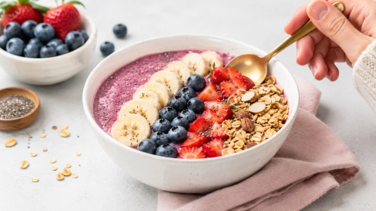 Easy summer smoothie bowl topped with fresh berries, granola, and sliced banana in a white bowl