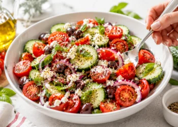 Easy tomato cucumber salad with red onion, fresh herbs, and olive oil dressing — quick healthy summer side dish