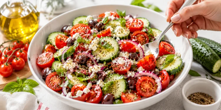 Easy tomato cucumber salad with red onion, fresh herbs, and olive oil dressing — quick healthy summer side dish