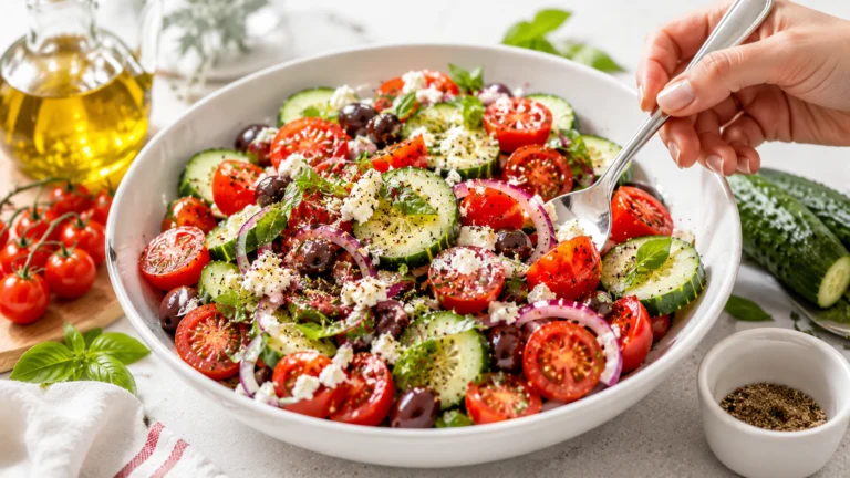 Easy tomato cucumber salad with red onion, fresh herbs, and olive oil dressing — quick healthy summer side dish