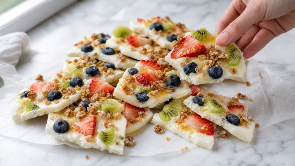 Frozen yogurt bark with fresh berries, kiwi, granola, and honey drizzle — easy quick summer snack for kids.