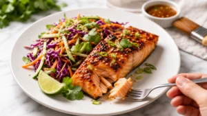 Ginger miso glazed salmon with cucumber slaw, sesame seeds, scallions, and lime — quick healthy dinner recipe.