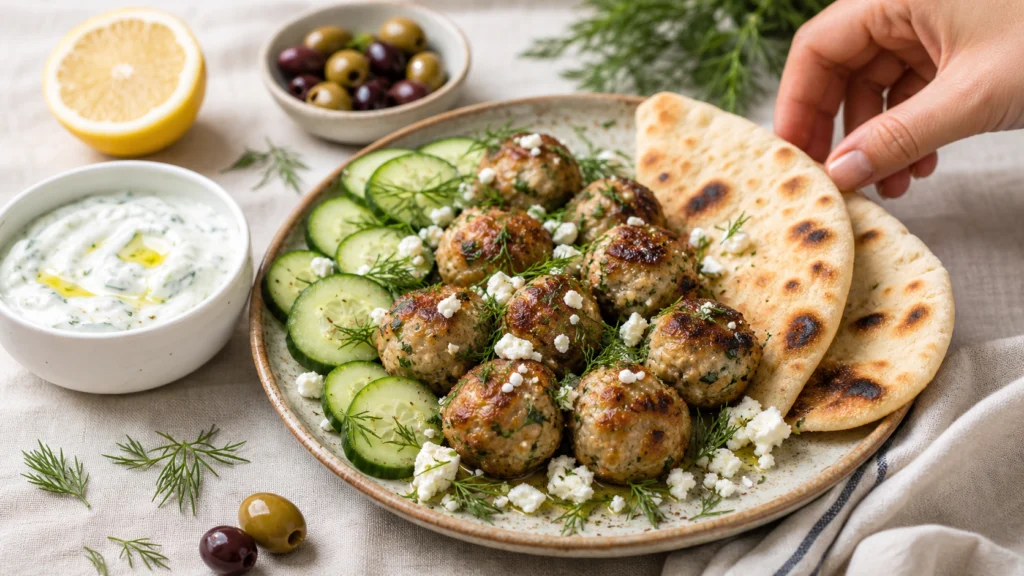 Greek Turkey Meatballs with Tzatziki & Warm Pita
