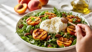 Grilled peach arugula salad with burrata, toasted pecans, honey drizzle, and fresh basil — easy summer recipe.