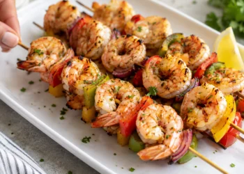 Grilled shrimp kabobs with colorful bell peppers on skewers, served on a white plate